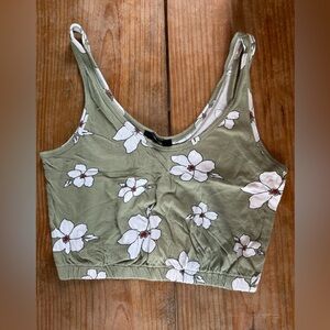 Forever21 Floral Sage Green White Flowers Sleeveless Crop Top Size S